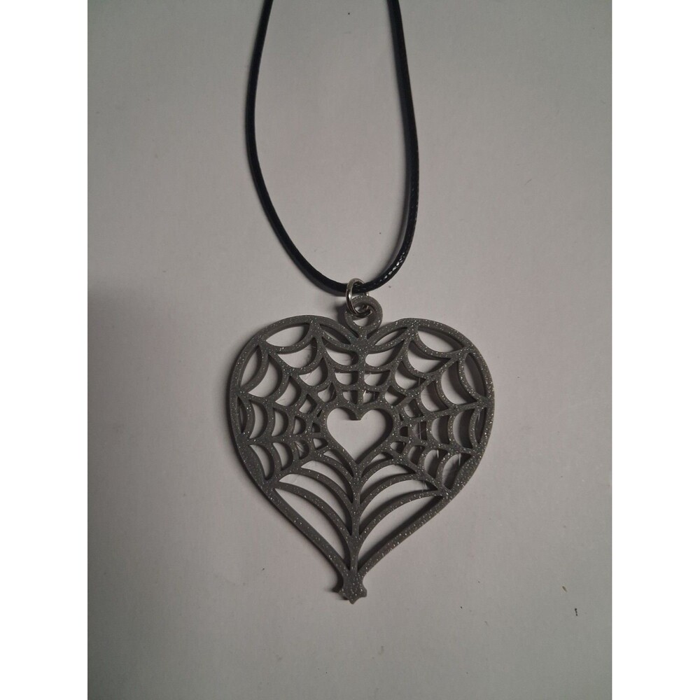 grey Web Heart 3 D Printed Necklace Handmade On 18 Inch  Black Cord